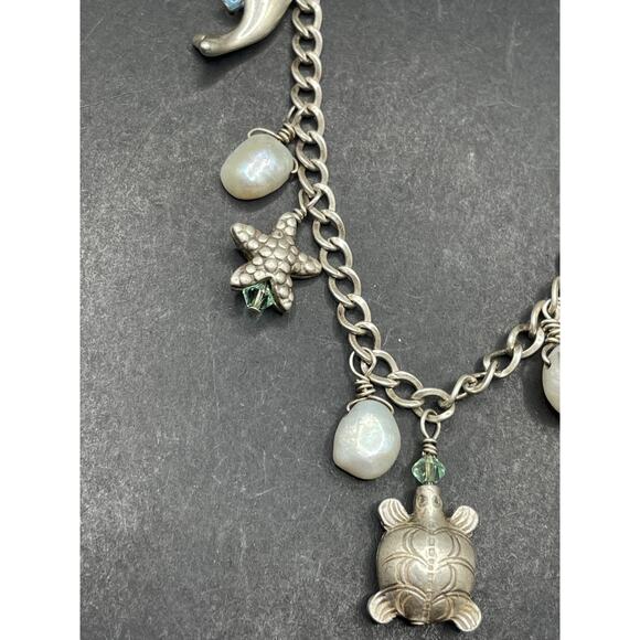 Vtg 925 Sterling Silver Pearl & Sea Creature Dangle Charm Bracelet Sz 7 1/4" 18g - Picture 6 of 10